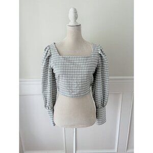 Gray Gingham Square Neck Puff Sleeve Blouse M Back Zip